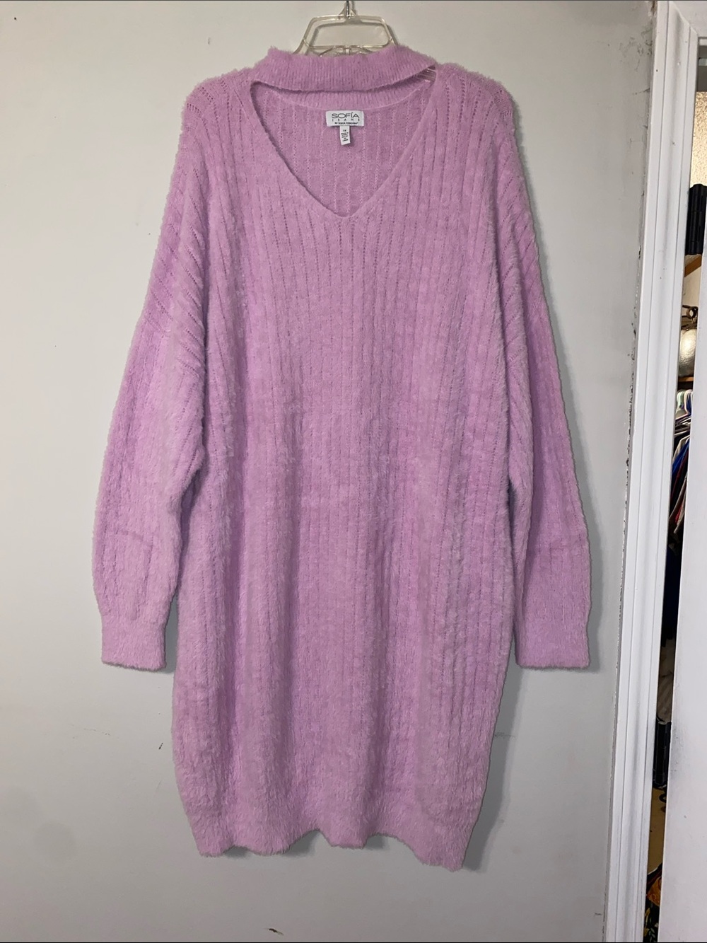 Sofia Pastel Lilac V-Neck Ribbed Sweater Dress